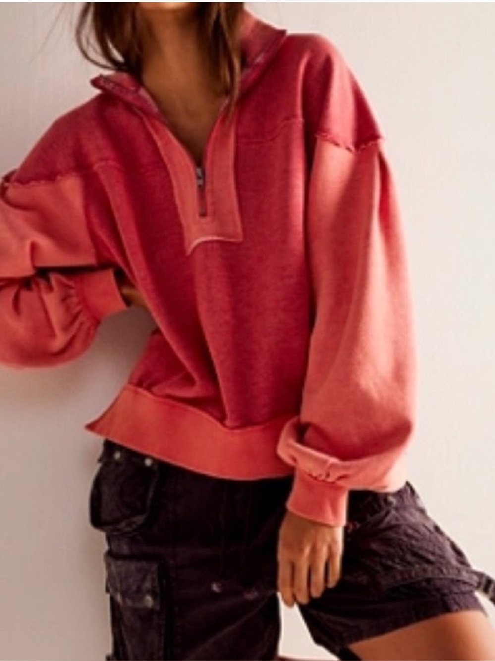 We The Free Pink Colorblock Kassey Quarter Zip Oversize Pullover Sweater- L
